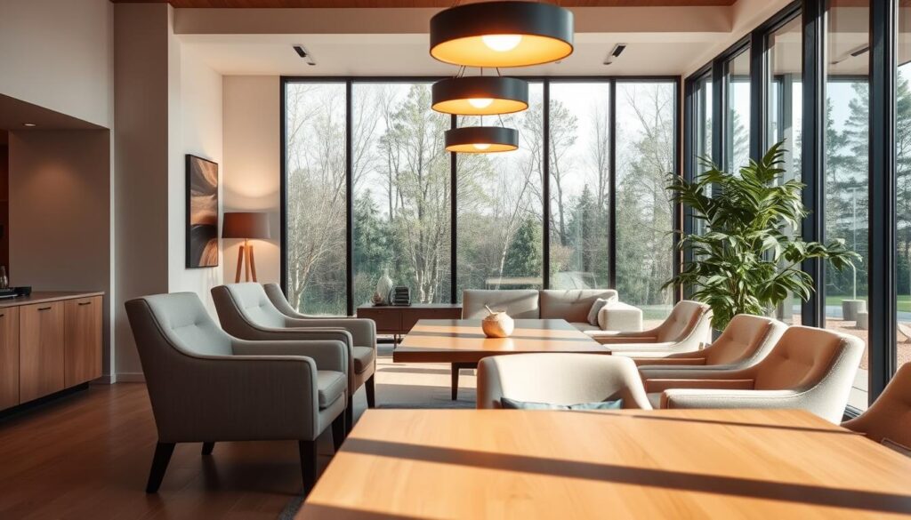 Comfortable dining chairs for tall people, set in a modern, minimalist interior. Streamlined armchairs with ample seat depth and high backrests to support the spine. Upholstered in neutral, high-quality fabrics that exude a sense of warmth and relaxation. Gently sloping armrests and a subtle recline promote a comfortable, ergonomic posture. Warm, diffused lighting from overhead fixtures casts a cozy glow, creating an inviting atmosphere. The chairs are arranged around a long, wooden dining table, allowing ample legroom for taller individuals. Expansive windows flood the space with natural light, enhancing the sense of openness and comfort.