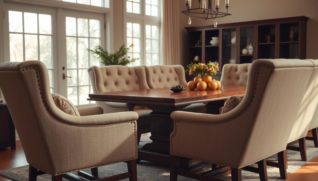 Comfortable dining chairs in a cozy, family-friendly setting. A warm, inviting living room with plush, oversized armchairs upholstered in neutral, earthy tones. Soft, natural lighting filters through large windows, casting a gentle glow. The chairs are positioned around a sturdy wooden table, creating an intimate gathering space for a large household. Elegant, yet practical design elements prioritize comfort and durability. Subtle details like button-tufted backrests and solid wood frames convey a sense of quality and timelessness. This serene, harmonious scene evokes the importance of comfortable, functional furniture for families to come together and enjoy meals, conversations, and quality time.