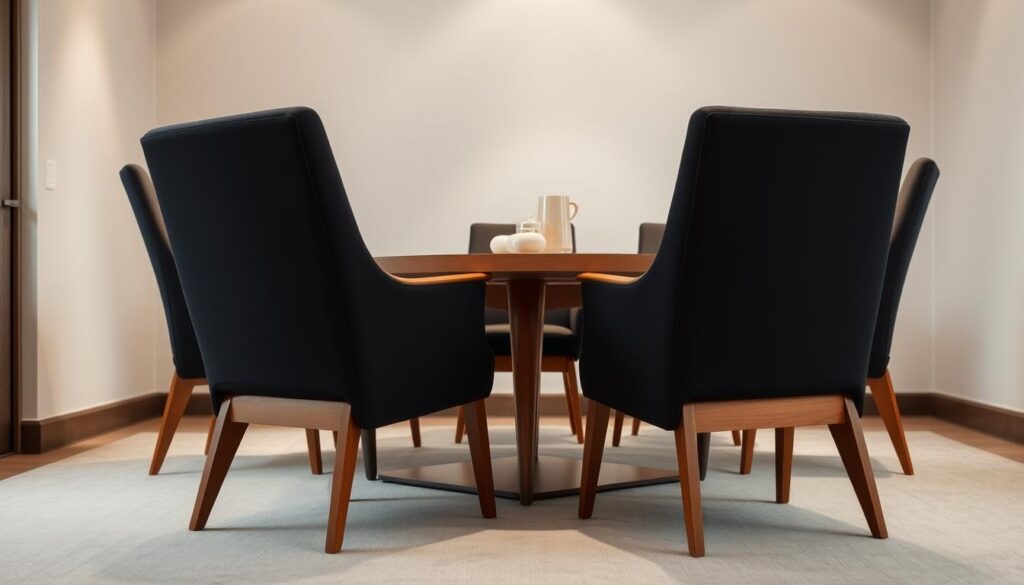 Comfortable dining room chairs, a cozy arrangement in a well-lit interior. Upholstered armchairs in a deep, rich black hue, complemented by warm wooden legs and accents. The chairs are positioned around a rectangular table, inviting conversation and leisurely meals. Soft, diffused lighting casts a gentle glow, creating an atmosphere of relaxation and sophistication. The chairs' design features clean lines and minimalist elegance, seamlessly blending form and function. A serene, neutral-toned backdrop allows the chairs to take center stage, showcasing their timeless appeal and suitability for a variety of interior styles.