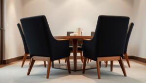 Zwarte, gestoffeerde eetkamerstoelen met houten poten rond een ronde tafel in een lichte ruimte.