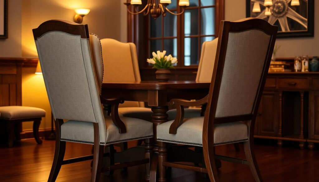 Comfortable four-piece dining room chair set in a warm, inviting space. Plush, cushioned seats and high-back design for optimal support. Elegant wood frames with a rich, distressed finish. Soft, neutral upholstery complements the rustic aesthetic. Indirect lighting casts a cozy glow, creating an atmosphere of relaxed sophistication. The chairs are arranged around a simple, wooden table, ready to host meals and conversations. Subtle details like nailhead trim and gently curved arms add refined touches. This second-hand set offers both comfort and functionality, perfect for a welcoming dining area.