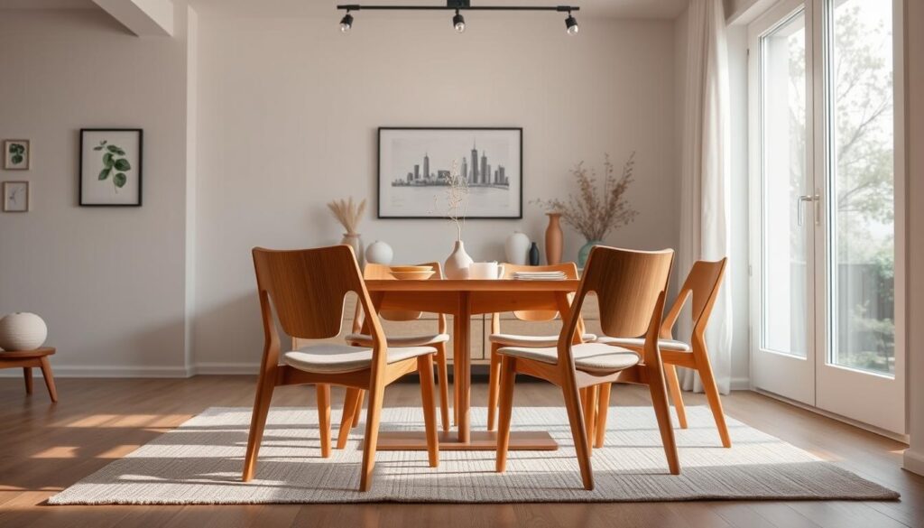 Compact, space-saving dining room chairs arranged in a cozy setting. Four modern chairs with sleek, minimal designs in warm, natural wood tones. Chairs positioned around a simple, rectangular wooden table in a bright, airy room with large windows letting in natural light. Soft, neutral-toned textiles and decor accents create a calming, inviting atmosphere. Captured from an angled perspective to showcase the chairs' efficient, space-conscious profiles. Subtle, even lighting from overhead sources casts a gentle glow, highlighting the chairs' clean lines and practical, compact forms.