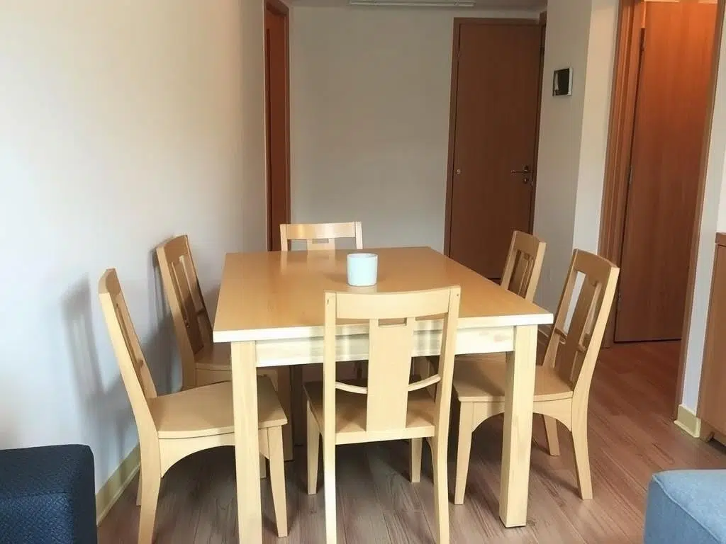 Compacte eetkamer met meerdere stoelen die perfect onder de tafel passen Compacte eetkamer met meerdere stoelen die perfect onder de tafel passen