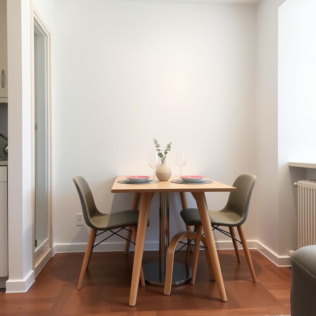 Compacte eetkamer met stoelen zonder armleuningen die volledig onder de tafel passen