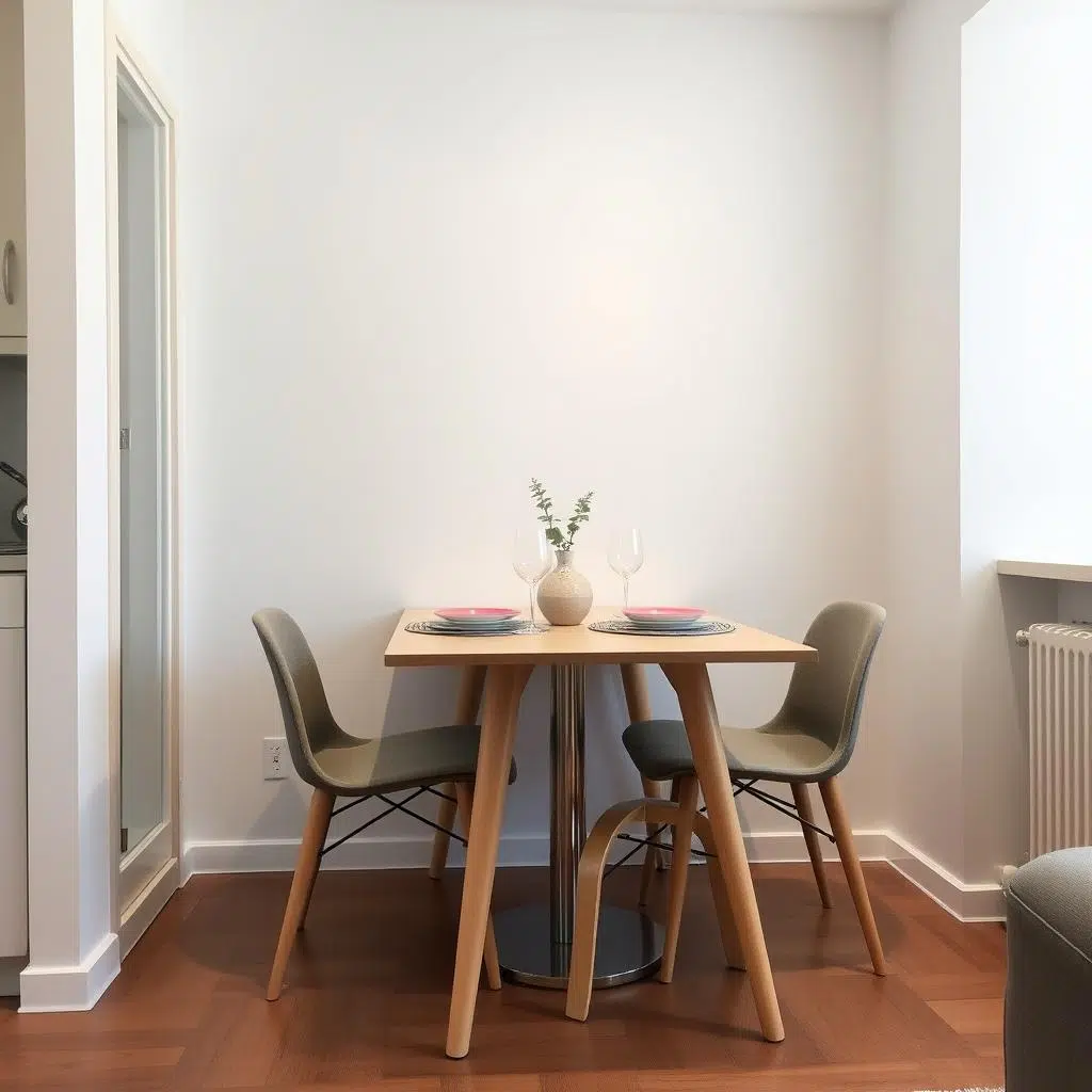 Compacte eetkamer met stoelen zonder armleuningen die volledig onder de tafel passen Compacte eetkamer met stoelen zonder armleuningen die volledig onder de tafel passen