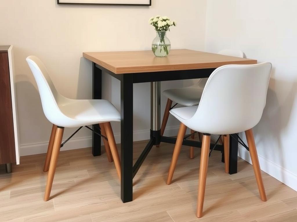 Compacte eetkamer met tafelstoelen die ruimte besparen Compacte eetkamer met tafelstoelen die ruimte besparen