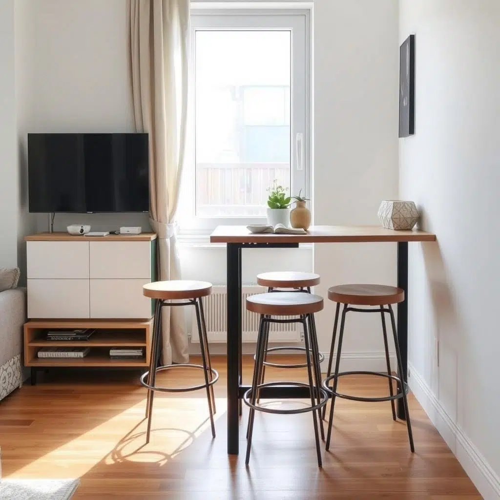 Compacte hoge tafel in een klein appartement die ruimte bespaart Compacte hoge tafel in een klein appartement die ruimte bespaart