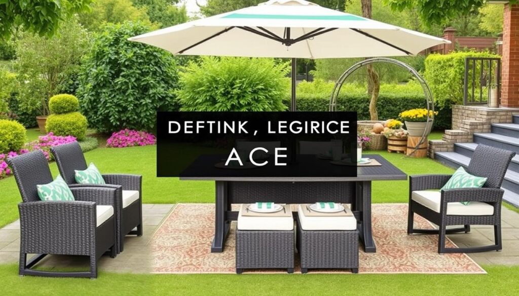 Complete buitenset met eettafel, stoelen, parasol en accessoires Complete buitenset met eettafel, stoelen, parasol en accessoires