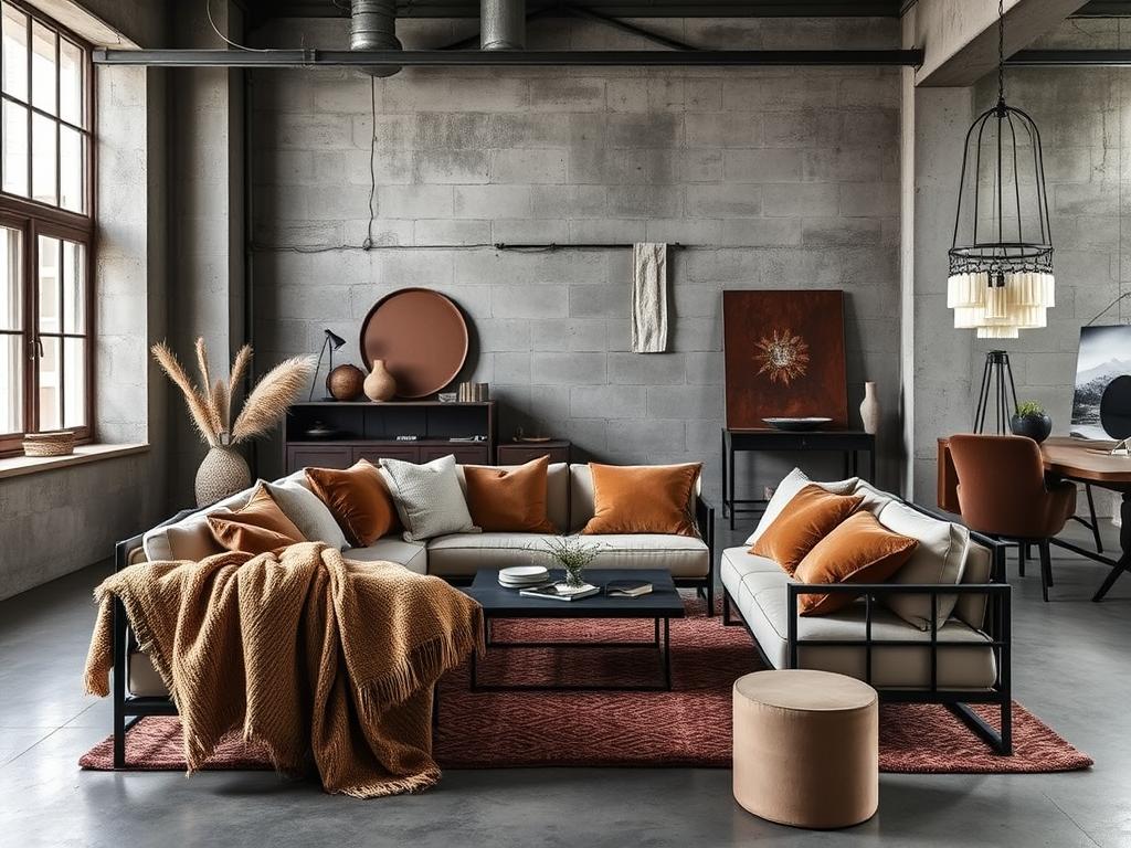 Contrast tussen zachte en harde materialen in industrieel interieur Contrast tussen zachte en harde materialen in industrieel interieur