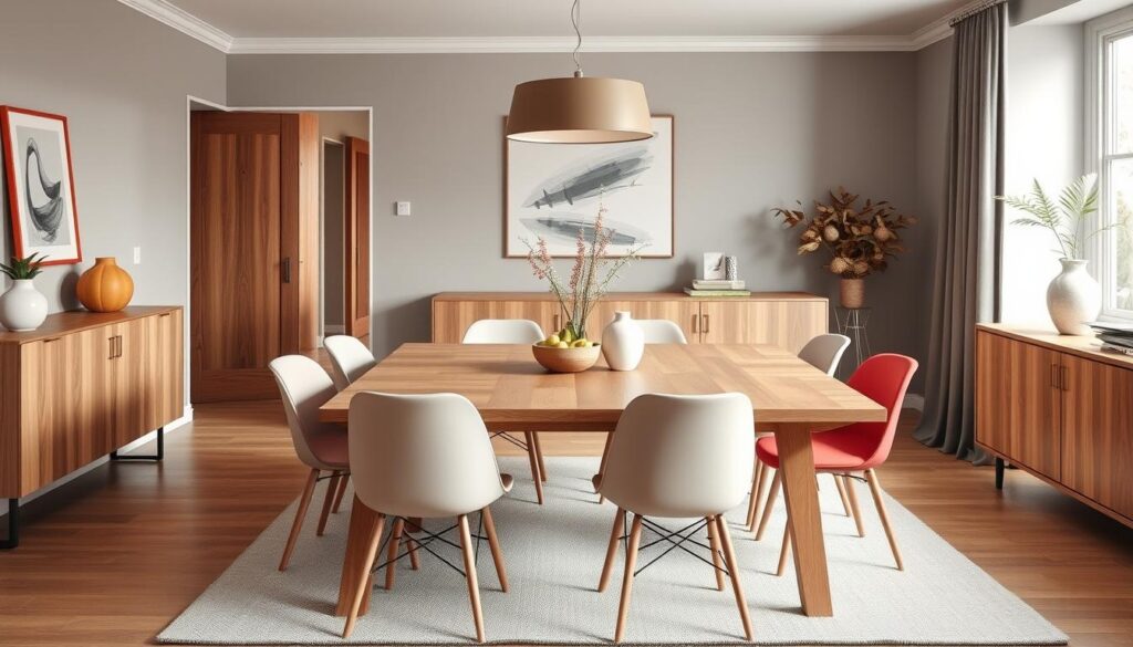 Contrasterende gekleurde stoelen bij een natuurlijke houten eettafel, stoelen bij houten eettafel Contrasterende gekleurde stoelen bij een natuurlijke houten eettafel, stoelen bij houten eettafel