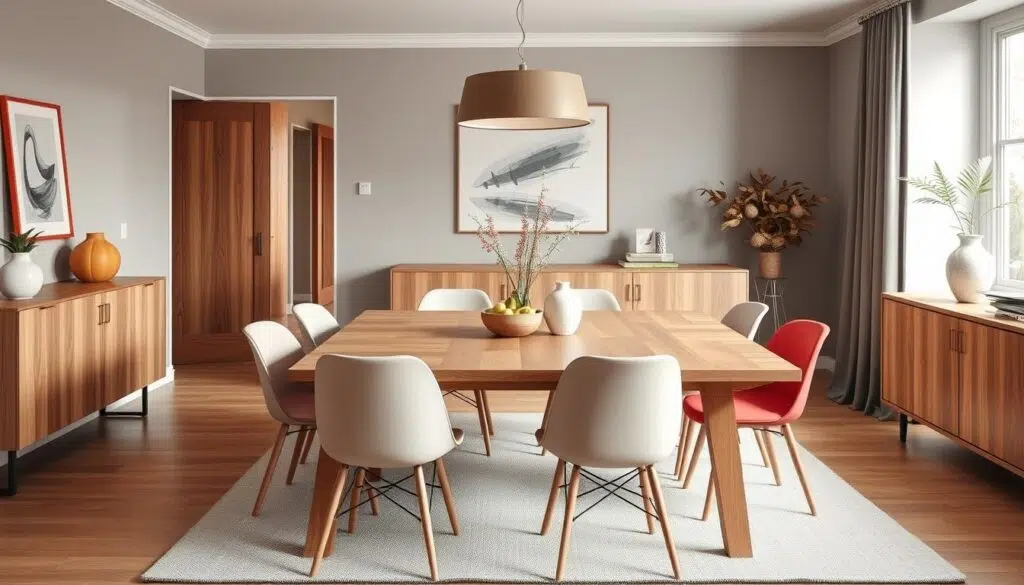 Contrasterende gekleurde stoelen bij een natuurlijke houten eettafel, stoelen bij houten eettafel Contrasterende gekleurde stoelen bij een natuurlijke houten eettafel, stoelen bij houten eettafel