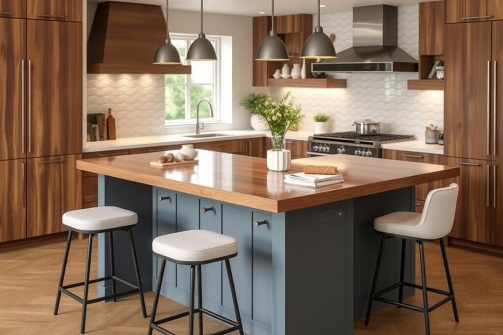 Countertafel geïntegreerd met keukeneiland Countertafel geïntegreerd met keukeneiland