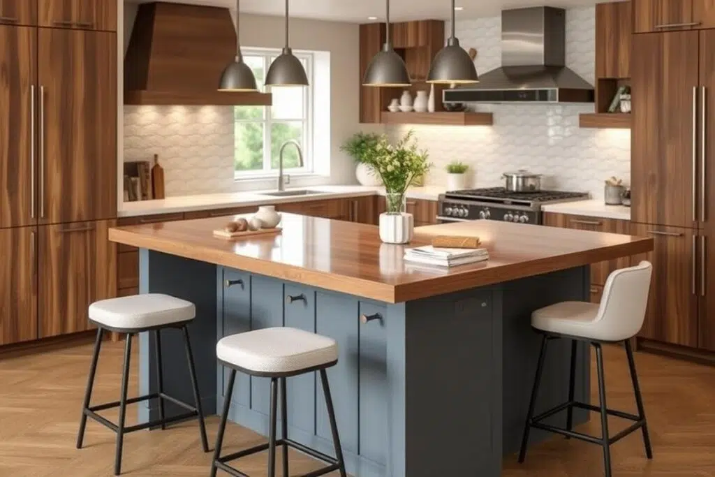 Countertafel geïntegreerd met keukeneiland Countertafel geïntegreerd met keukeneiland