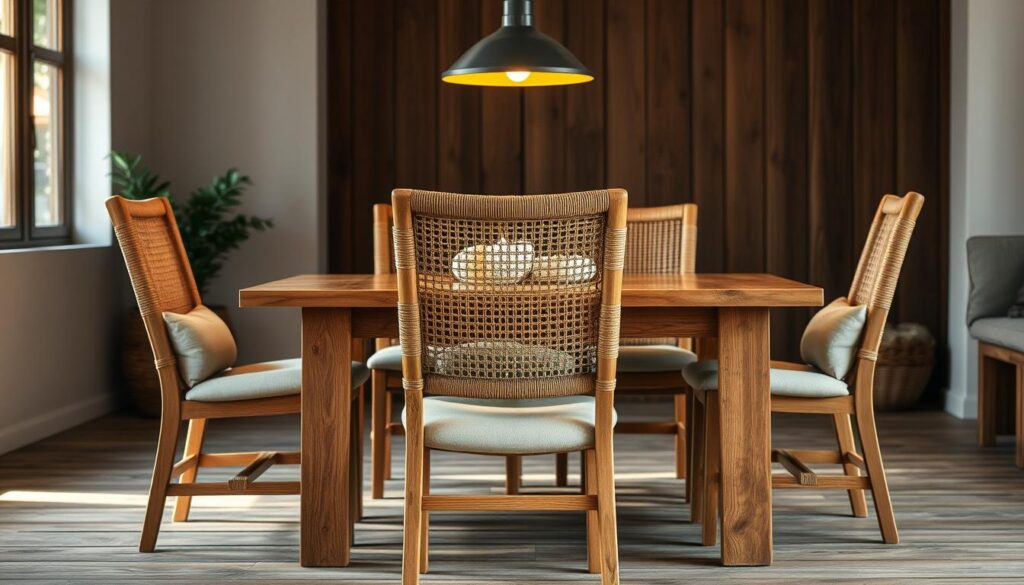 Cozy dining room chairs composed of natural materials, including a woven rattan backrest, a solid oak frame, and soft linen upholstery. The chairs are arranged around a rustic wooden table, bathed in warm, diffused lighting from a pendant lamp overhead. The scene evokes a sense of organic simplicity and sustainability, in harmony with the surrounding environment. The chairs are positioned to create an inviting, comfortable setting for gathering and dining.