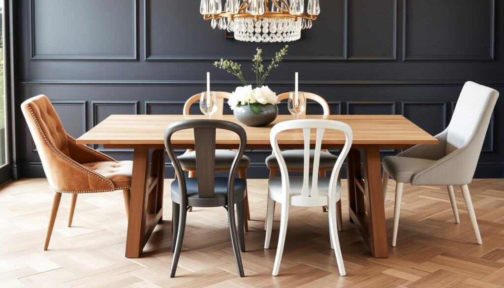 Creatieve combinaties van verschillende eetkamerstoelen rondom één tafel Creatieve combinaties van verschillende eetkamerstoelen rondom één tafel