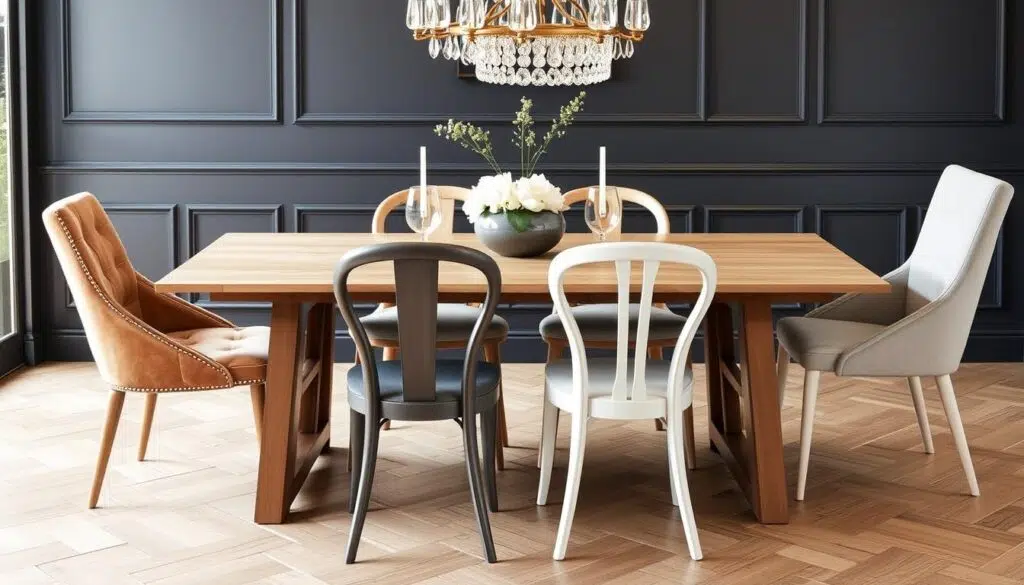 Creatieve combinaties van verschillende eetkamerstoelen rondom één tafel Creatieve combinaties van verschillende eetkamerstoelen rondom één tafel