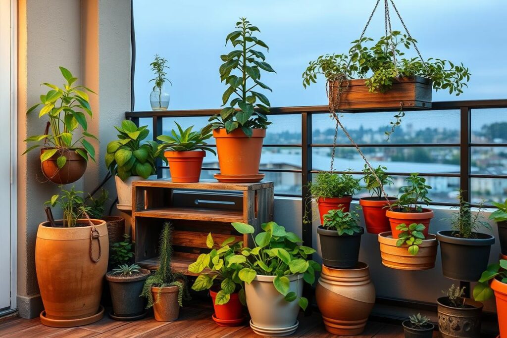 Creatieve plantenopstelling met verschillende hoogtes en containers op een terras