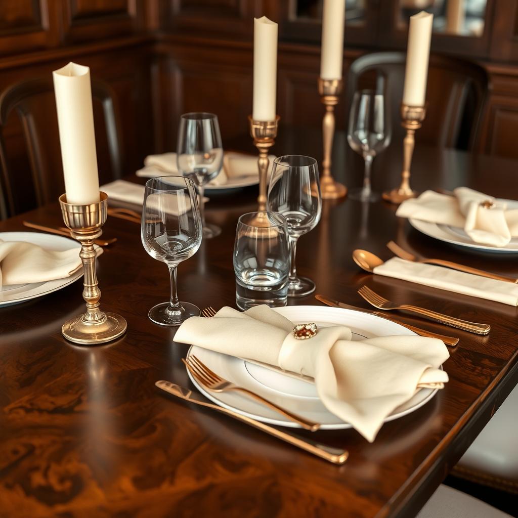 Crème en goud accenten bij een donkerbruine tafel Crème en goud accenten bij een donkerbruine tafel