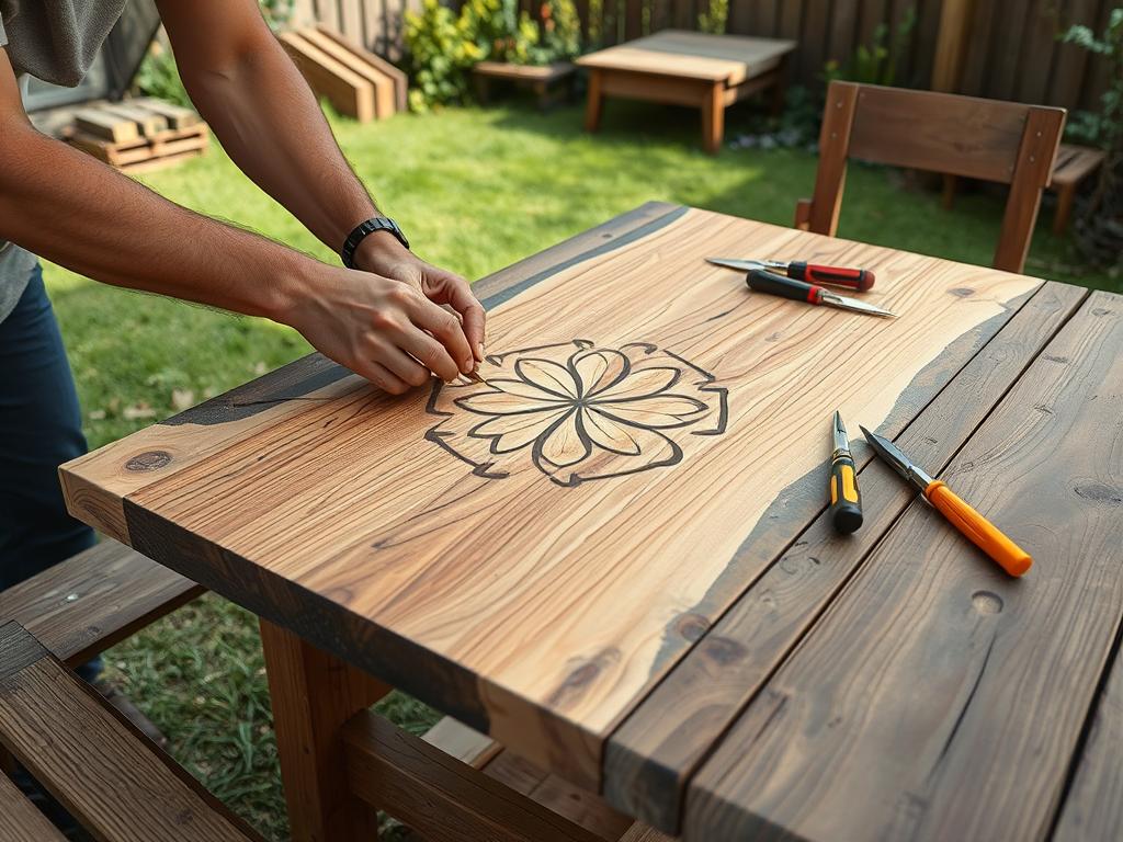 DIY houtbewerking op tuintafel in een Nederlandse achtertuin DIY houtbewerking op tuintafel in een Nederlandse achtertuin