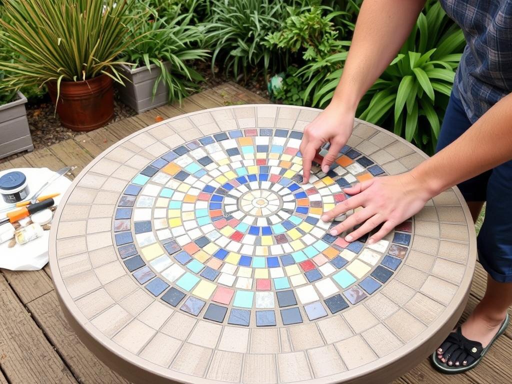 DIY mozaïek toepassing op eettafel voor buiten in een Nederlandse tuin DIY mozaïek toepassing op eettafel voor buiten in een Nederlandse tuin