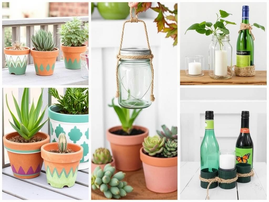 DIY terras decoratie met zelfgemaakte elementen zoals beschilderde potten en windlichten