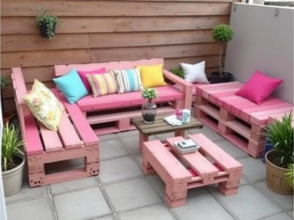 DIY terrasmeubels gemaakt van pallets met kleurrijke kussens DIY terrasmeubels gemaakt van pallets met kleurrijke kussens