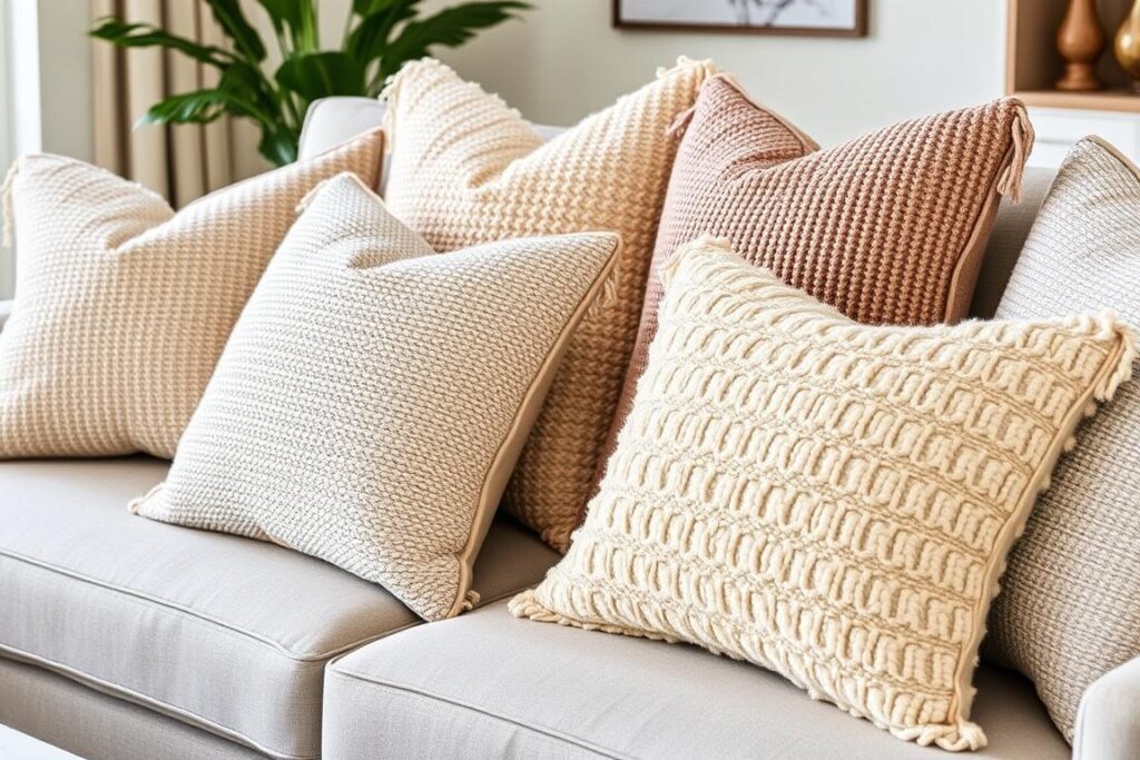 Decoratieve bouclé kussens op een bank Decoratieve bouclé kussens op een bank