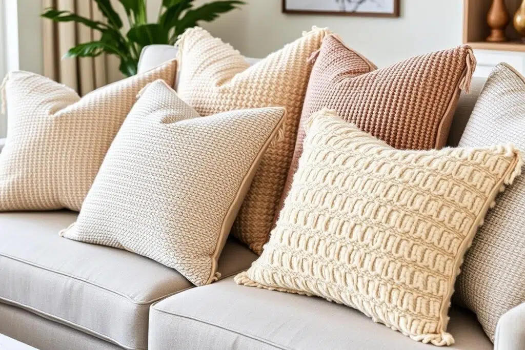 Decoratieve bouclé kussens op een bank Decoratieve bouclé kussens op een bank