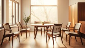 Zes Deense eetkamerstoelen met houten frames en geweven zittingen rond een ronde tafel in een lichte ruimte.