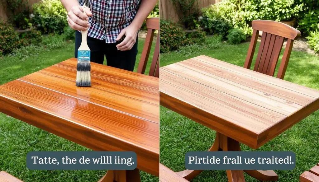 Demonstratie van het behandelen van een houten eettafel voor buitengebruik Demonstratie van het behandelen van een houten eettafel voor buitengebruik
