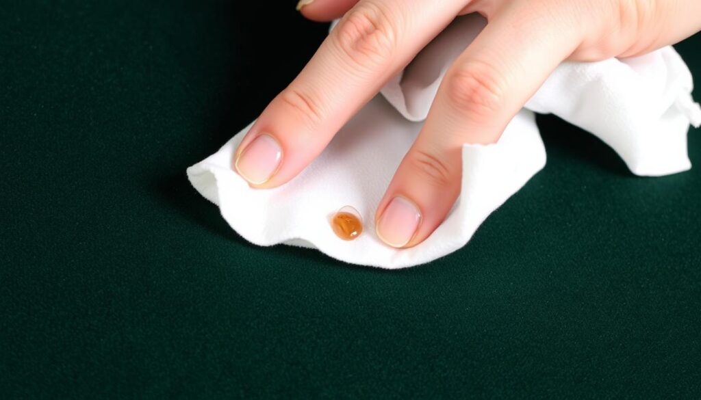 Demonstratie van het correct deppen van een vlek op fluweel zonder te wrijven Demonstratie van het correct deppen van een vlek op fluweel zonder te wrijven