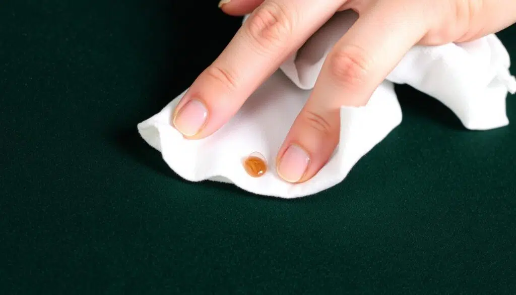 Demonstratie van het correct deppen van een vlek op fluweel zonder te wrijven Demonstratie van het correct deppen van een vlek op fluweel zonder te wrijven