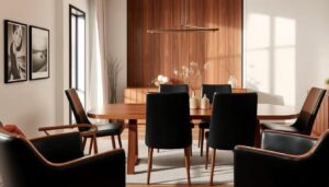 Zwarte eetkamerstoelen rondom een houten tafel in een lichte eetkamer.