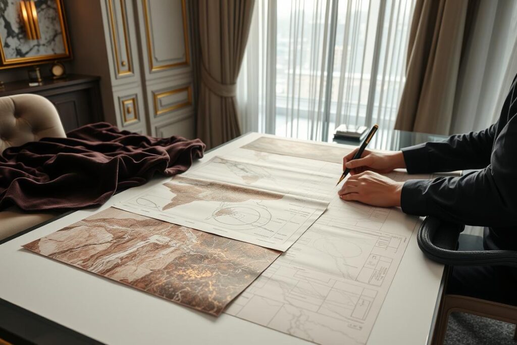 Designer werkt aan luxueus hotel interieurontwerp met materiaalstalen Designer werkt aan luxueus hotel interieurontwerp met materiaalstalen