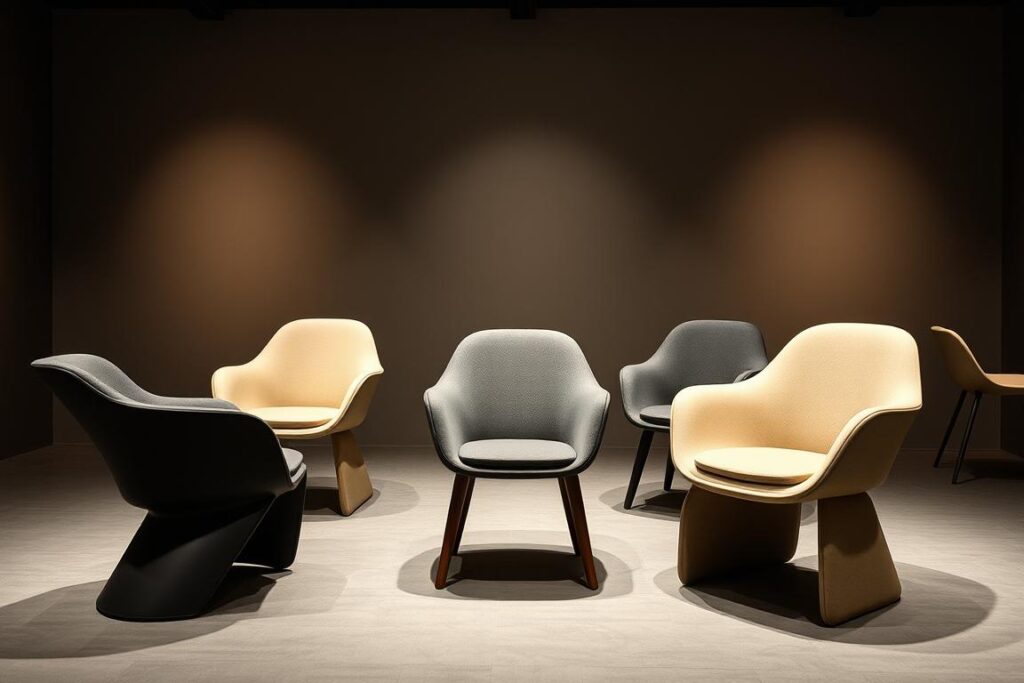 Designerstoelen zonder armleuningen met unieke vormen en materialen