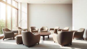 Een groep beige designstoelen rondom een ronde tafel in een lichte ruimte met grote ramen.