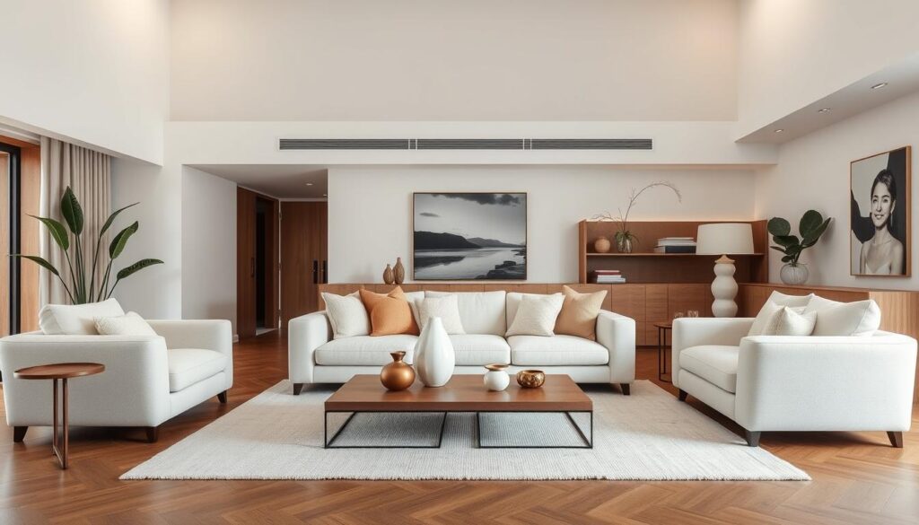 Designwoonkamer met bouclé bank als middelpunt Designwoonkamer met bouclé bank als middelpunt