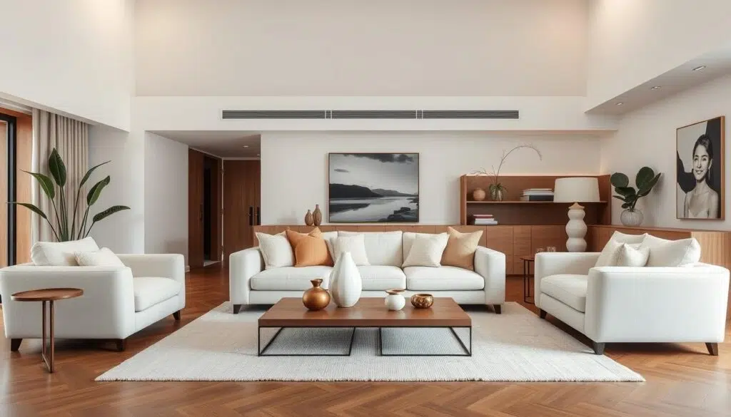 Designwoonkamer met bouclé bank als middelpunt Designwoonkamer met bouclé bank als middelpunt