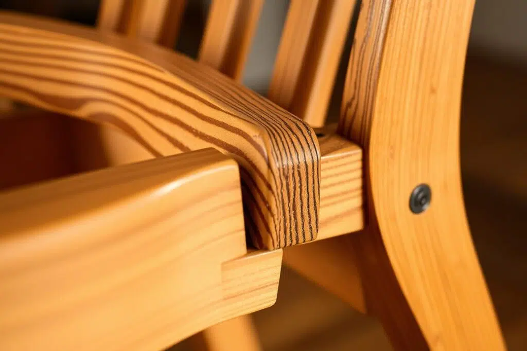 Detailopname van duurzame houtverbindingen in eetkamerstoelen Detailopname van duurzame houtverbindingen in eetkamerstoelen