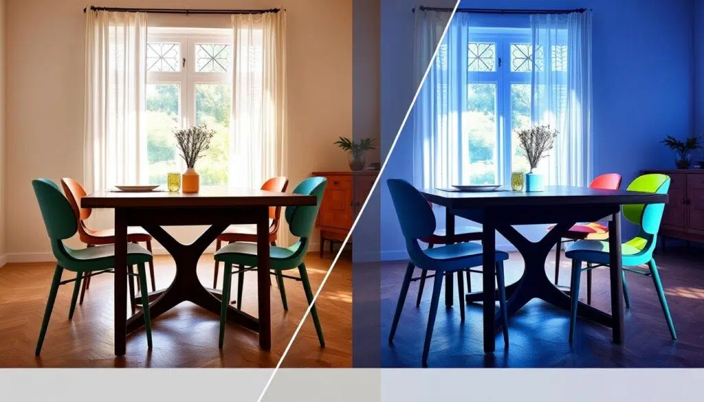 Dezelfde eetkamersetting met donkerbruine tafel onder verschillende lichtomstandigheden Dezelfde eetkamersetting met donkerbruine tafel onder verschillende lichtomstandigheden