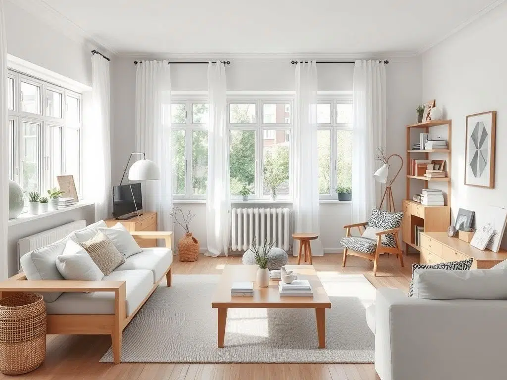 Dezelfde woonkamer na de Scandinavische transformatie: licht, ruimtelijk en sereen Dezelfde woonkamer na de Scandinavische transformatie: licht, ruimtelijk en sereen