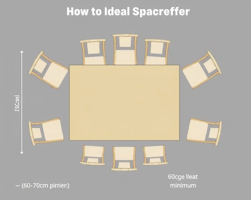 Diagram met de ideale afmetingen en ruimte tussen eetkamerstoelen en tafel