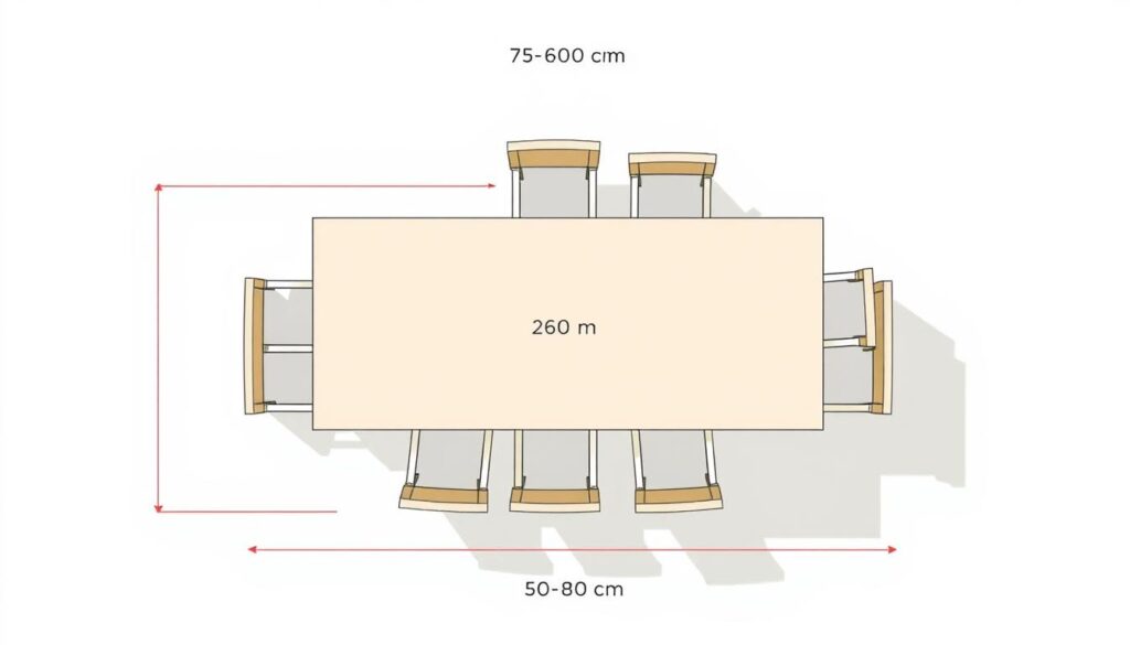 Diagram van de benodigde ruimte rondom een eettafel van 260 cm Diagram van de benodigde ruimte rondom een eettafel van 260 cm