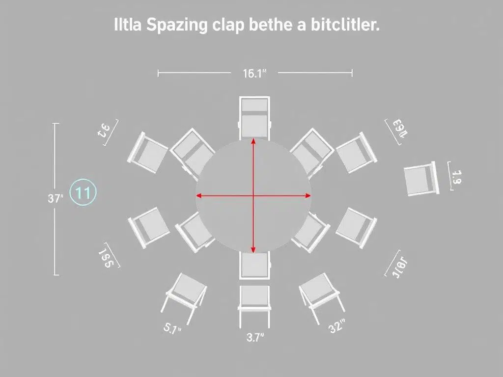 Diagram van een ronde tafel met eetkamerstoelen die de ideale afstanden en verhoudingen tonen Diagram van een ronde tafel met eetkamerstoelen die de ideale afstanden en verhoudingen tonen