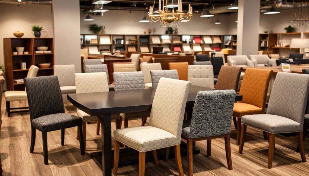 Diverse eetkamerstoelen met verschillende bekledingsmaterialen in een showroom Diverse eetkamerstoelen met verschillende bekledingsmaterialen in een showroom