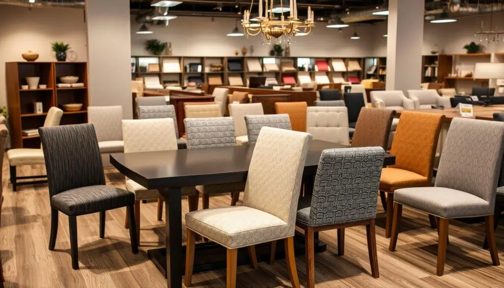 Diverse eetkamerstoelen met verschillende bekledingsmaterialen in een showroom Diverse eetkamerstoelen met verschillende bekledingsmaterialen in een showroom