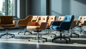 Diverse elegante stoelen met wieltjes in een modern interieur