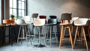 Een verzameling hoge stoelen en barkrukken in verschillende kleuren en stijlen in een moderne ruimte.