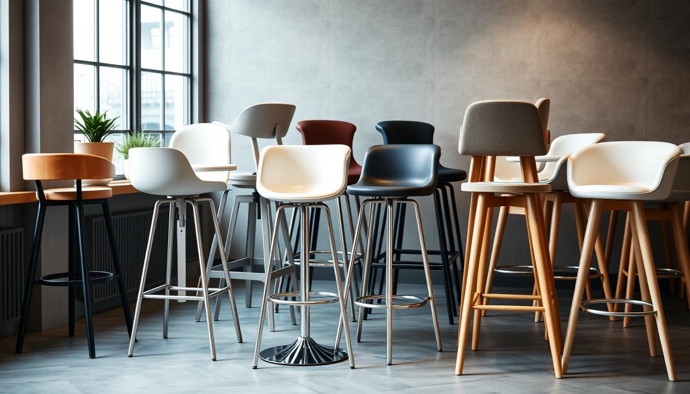 Een verzameling hoge stoelen en barkrukken in verschillende kleuren en stijlen in een moderne ruimte.