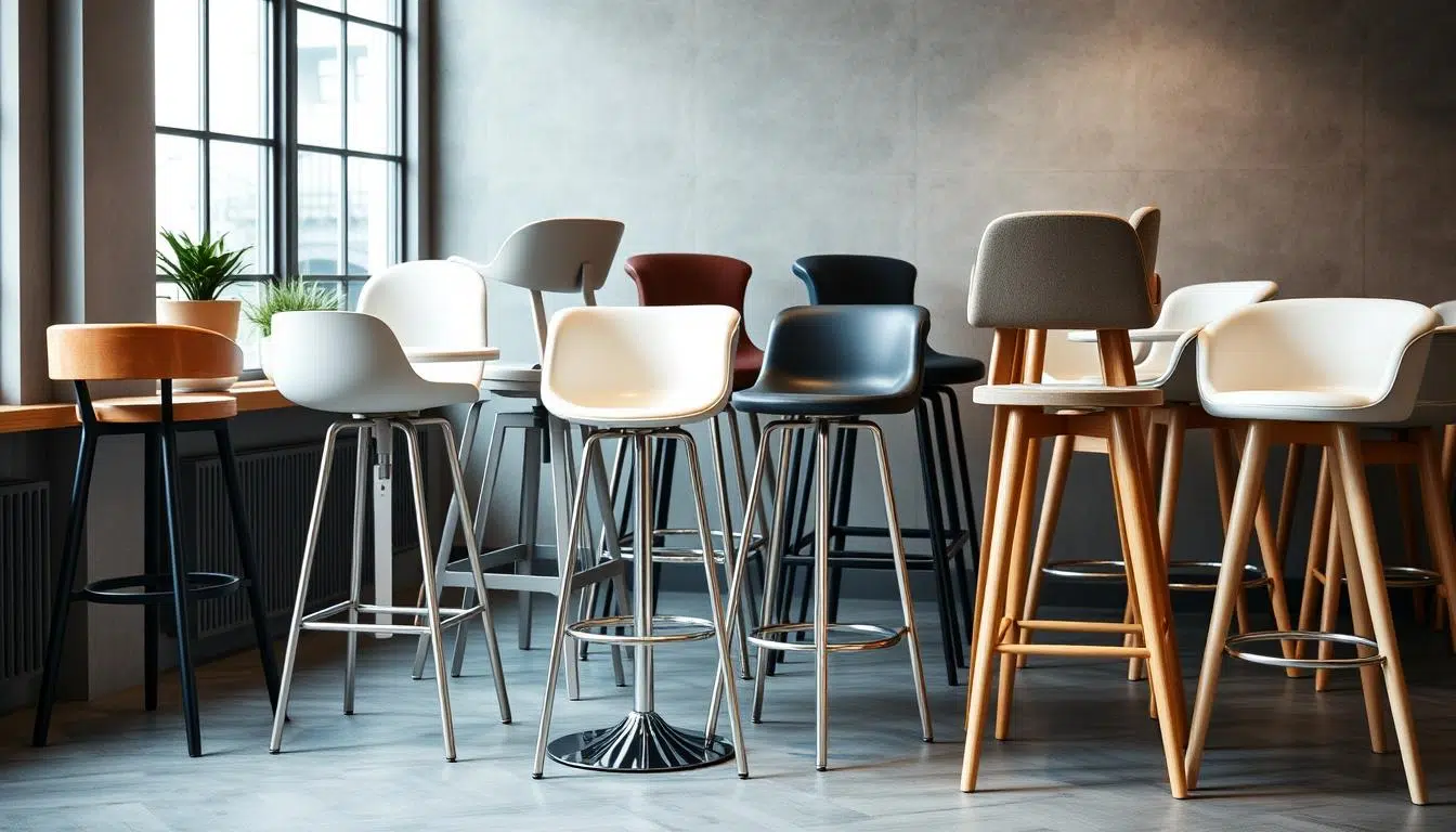 Diverse hoge stoelen waaronder barkrukken, kinderstoelen en hoge bureaustoelen in een modern interieur